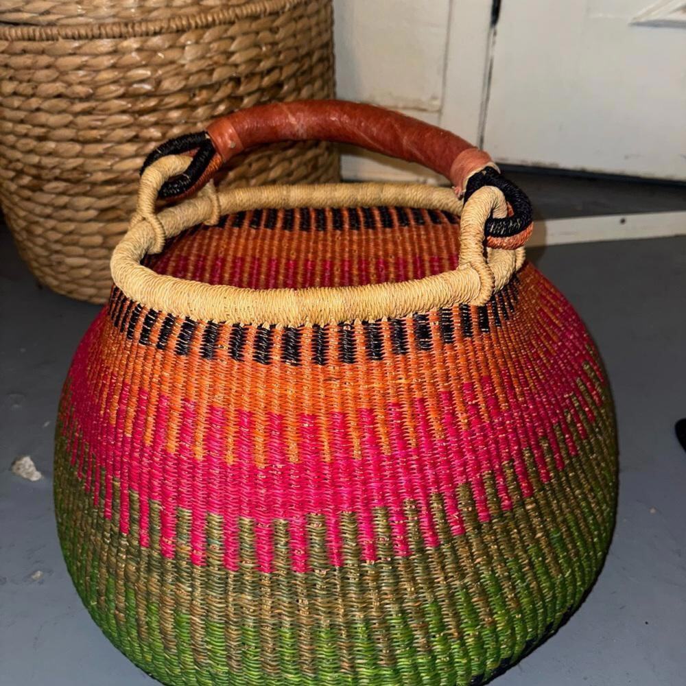Colorful Woven Basket with Leather Handle